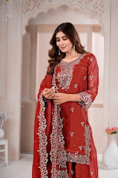 Regal Rust Designer Fendy Silk Sharara Suit with Matching Dupatta at Manufacturer  Ready To Wear Collection