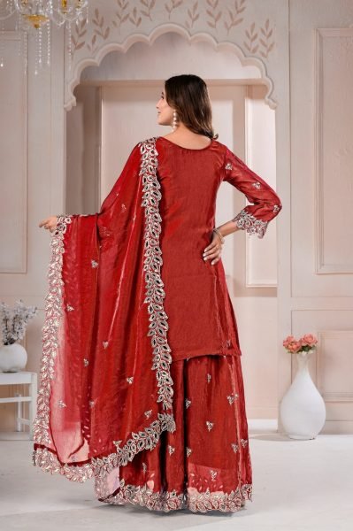 Regal Rust Designer Fendy Silk Sharara Suit with Matching Dupatta at Manufacturer  Ready To Wear Collection