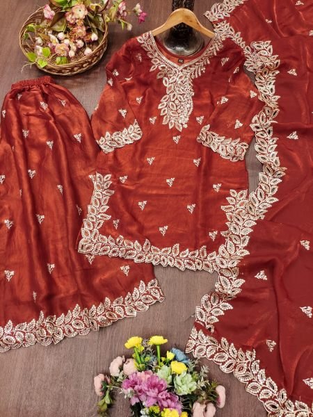 Regal Rust Designer Fendy Silk Sharara Suit with Matching Dupatta at Manufacturer  Ready To Wear Collection