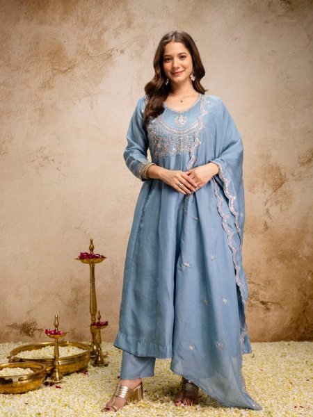 Regal Sky Blue Festival Wear Heavy Vichitra Silk Suit with Rich Sequins Embroidery 