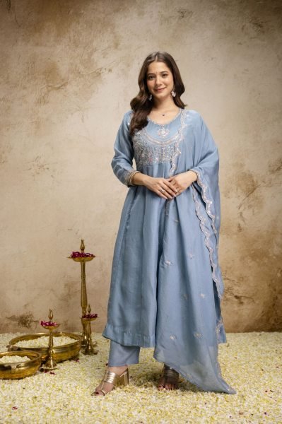 Regal Sky Blue Festival Wear Heavy Vichitra Silk Suit with Rich Sequins Embroidery Embroidery Kurtis 