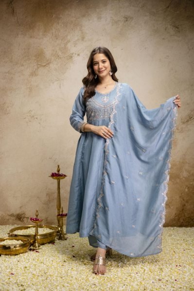 Regal Sky Blue Festival Wear Heavy Vichitra Silk Suit with Rich Sequins Embroidery Embroidery Kurtis 