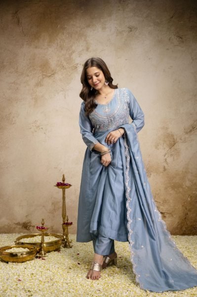 Regal Sky Blue Festival Wear Heavy Vichitra Silk Suit with Rich Sequins Embroidery Embroidery Kurtis 