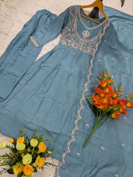 Regal Sky Blue Festival Wear Heavy Vichitra Silk Suit with Rich Sequins Embroidery Embroidery Kurtis 