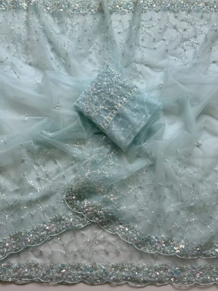 Regal Sky Blue Soft Net Saree with Scallop Border Embroidery and Designer Blouse Sarees 