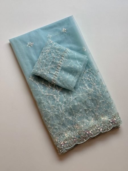 Regal Sky Blue Soft Net Saree with Scallop Border Embroidery and Designer Blouse Embroidery Sarees Wholesale