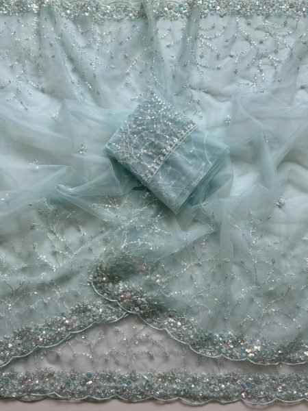 Regal Sky Blue Soft Net Saree with Scallop Border Embroidery and Designer Blouse Embroidery Sarees Wholesale