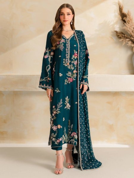 Regal Teal Blue Designer Mul Chanderi Suit Set with Embroidery and Diamond Work Ready To Wear Collection