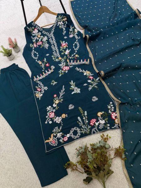Regal Teal Blue Designer Mul Chanderi Suit Set with Embroidery and Diamond Work Ready To Wear Collection