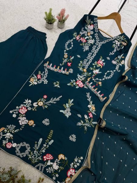 Regal Teal Blue Designer Mul Chanderi Suit Set with Embroidery and Diamond Work Ready To Wear Collection