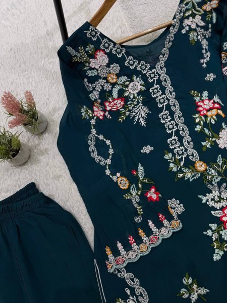 Regal Teal Blue Designer Mul Chanderi Suit Set with Embroidery and Diamond Work Ready To Wear Collection