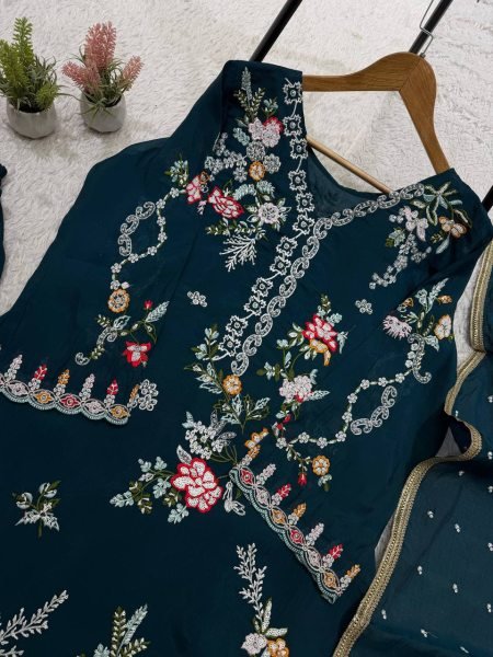 Regal Teal Blue Designer Mul Chanderi Suit Set with Embroidery and Diamond Work Ready To Wear Collection
