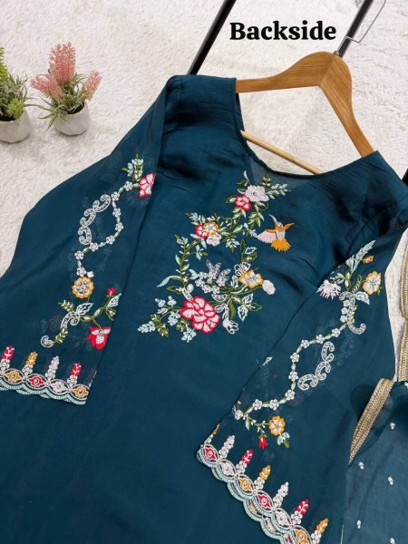 Regal Teal Blue Designer Mul Chanderi Suit Set with Embroidery and Diamond Work Ready To Wear Collection