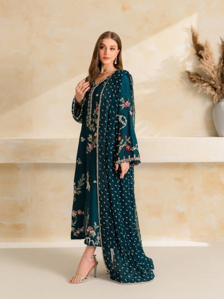 Regal Teal Blue Designer Mul Chanderi Suit Set with Embroidery and Diamond Work Ready To Wear Collection