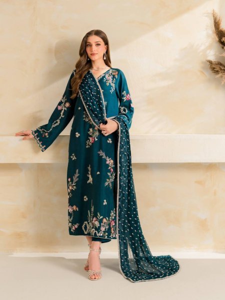 Regal Teal Blue Designer Mul Chanderi Suit Set with Embroidery and Diamond Work Ready To Wear Collection