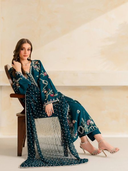 Regal Teal Blue Designer Mul Chanderi Suit Set with Embroidery and Diamond Work Ready To Wear Collection