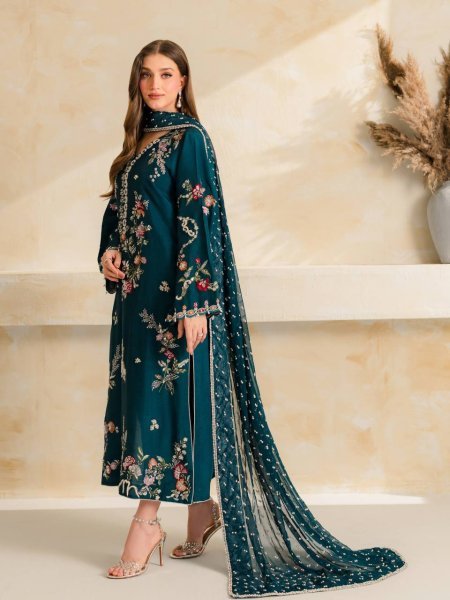 Regal Teal Blue Designer Mul Chanderi Suit Set with Embroidery and Diamond Work Ready To Wear Collection