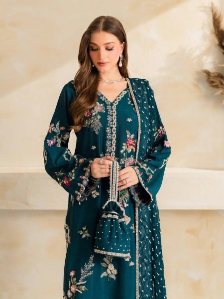Regal Teal Blue Designer Mul Chanderi Suit Set with Embroidery and Diamond Work Ready To Wear Collection