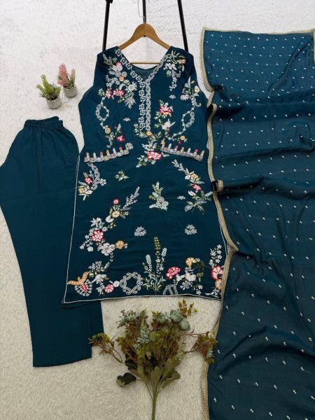 Regal Teal Blue Designer Mul Chanderi Suit Set with Embroidery and Diamond Work Ready To Wear Collection