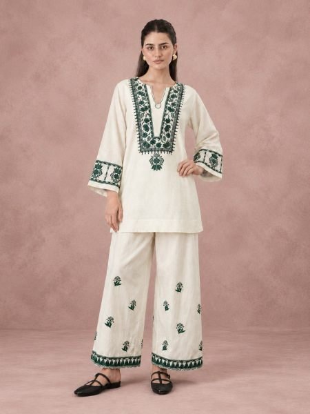 Regal White Designer Cotton Flex Embroidered Top and Bottom Set for Festival Wear Kurtis