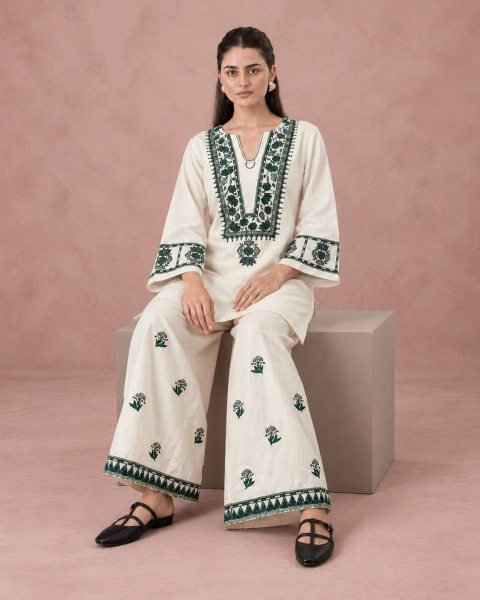 Regal White Designer Cotton Flex Embroidered Top and Bottom Set for Festival Wear CO ORD Sets