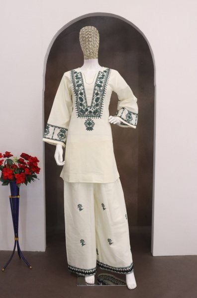 Regal White Designer Cotton Flex Embroidered Top and Bottom Set for Festival Wear CO ORD Sets
