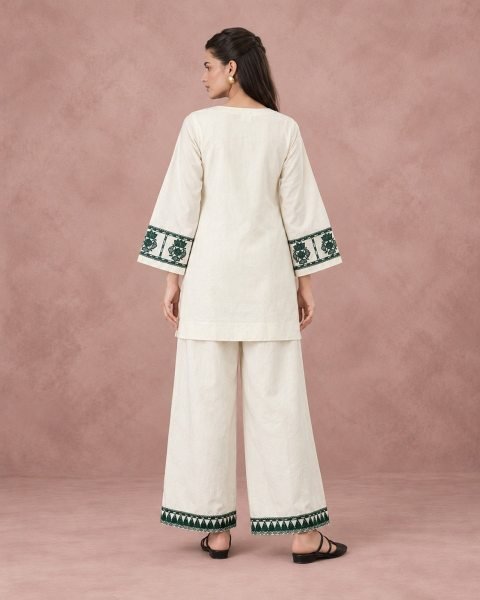 Regal White Designer Cotton Flex Embroidered Top and Bottom Set for Festival Wear CO ORD Sets