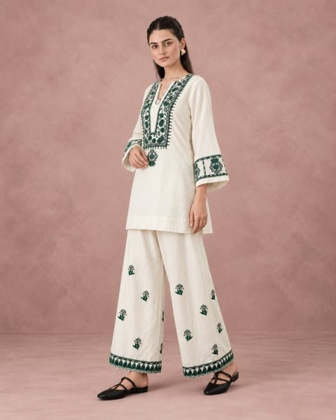 Regal White Designer Cotton Flex Embroidered Top and Bottom Set for Festival Wear CO ORD Sets