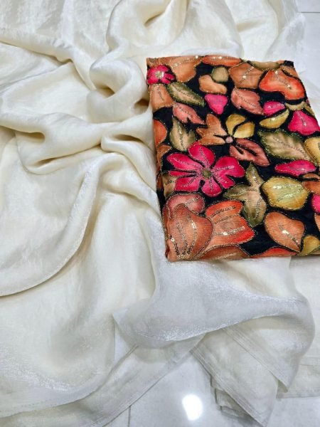 Regal White Elegant Satin Saree with Modern Digital Print Blouse Silk Sarees Wholesale