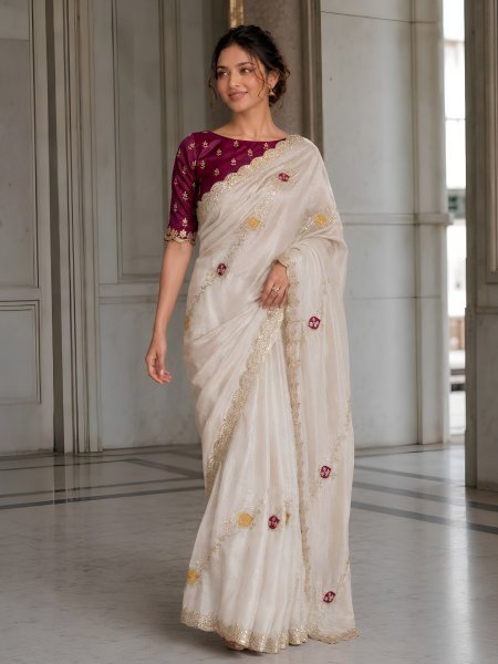 Regal White Fendy Satin Silk Saree with Heavy Embroidery and Cutwork Border Sarees 