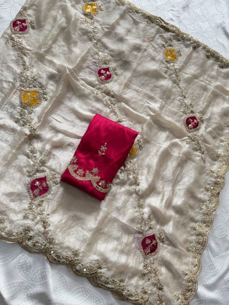 Regal White Fendy Satin Silk Saree with Heavy Embroidery and Cutwork Border Silk Sarees Wholesale