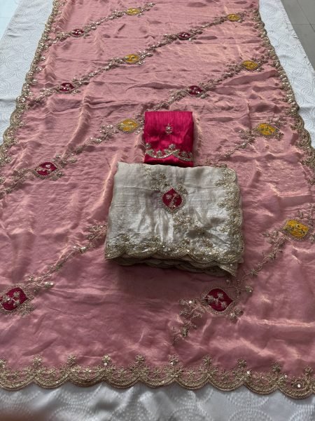 Regal White Fendy Satin Silk Saree with Heavy Embroidery and Cutwork Border Silk Sarees Wholesale