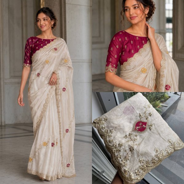 Regal White Fendy Satin Silk Saree with Heavy Embroidery and Cutwork Border Silk Sarees Wholesale