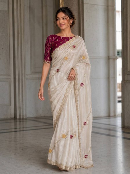 Regal White Fendy Satin Silk Saree with Heavy Embroidery and Cutwork Border Silk Sarees Wholesale