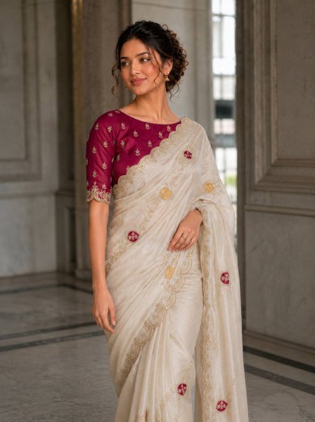 Regal White Fendy Satin Silk Saree with Heavy Embroidery and Cutwork Border Silk Sarees Wholesale