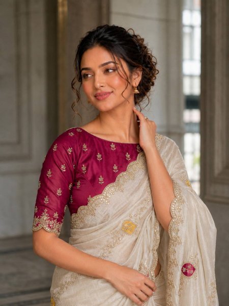 Regal White Fendy Satin Silk Saree with Heavy Embroidery and Cutwork Border Silk Sarees Wholesale
