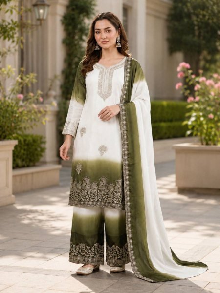 Regal White Green Dual Tone Georgette Embroidery Party Wear Set Ready To Wear Suit