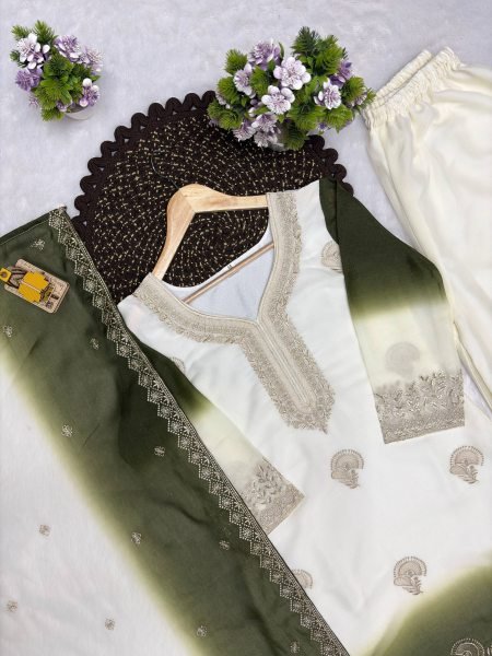 Regal White Green Dual Tone Georgette Embroidery Party Wear Set Ready To Wear Collection