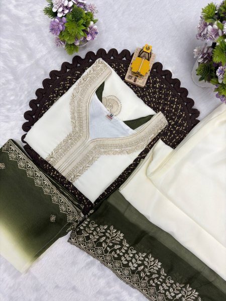 Regal White Green Dual Tone Georgette Embroidery Party Wear Set Ready To Wear Collection