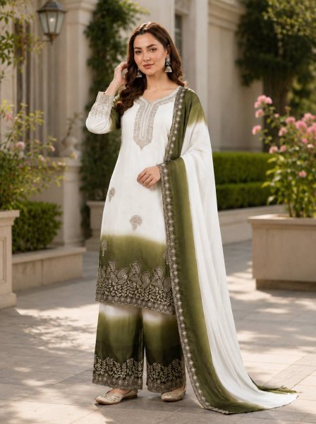 Regal White Green Dual Tone Georgette Embroidery Party Wear Set Ready To Wear Collection