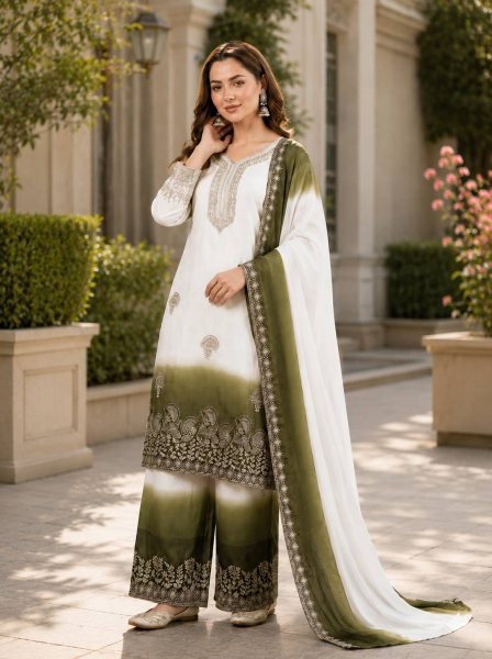 Regal White Green Dual Tone Georgette Embroidery Party Wear Set Ready To Wear Collection