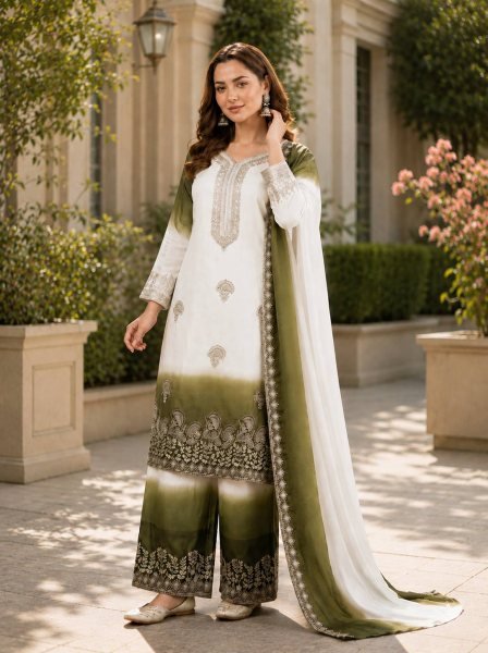 Regal White Green Dual Tone Georgette Embroidery Party Wear Set Ready To Wear Collection