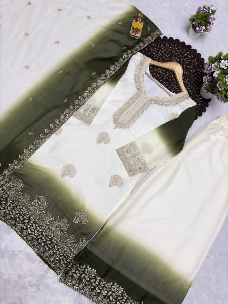 Regal White Green Dual Tone Georgette Embroidery Party Wear Set Ready To Wear Collection