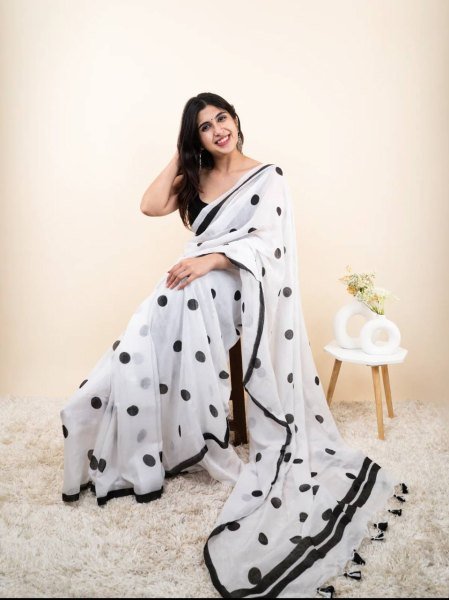 Regal White Linen Cotton Saree with Tussle Border at Manufacturer Rate Printed Cotton Sarees Wholesale