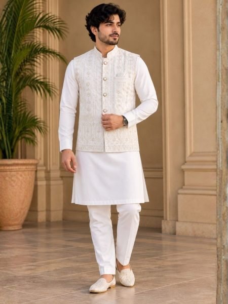 Regal White Malai Satin Kurta Koti Pyjama Set for Men at Wholesale Rate 