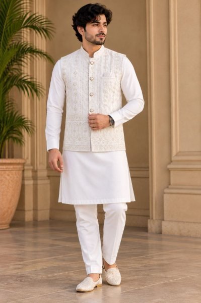 Regal White Malai Satin Kurta Koti Pyjama Set for Men at Wholesale Rate Kurta Pajama Wholesale