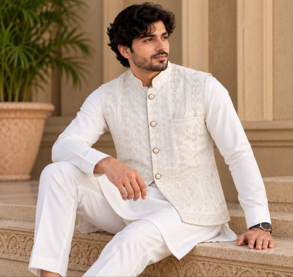 Regal White Malai Satin Kurta Koti Pyjama Set for Men at Wholesale Rate Kurta Pajama Wholesale