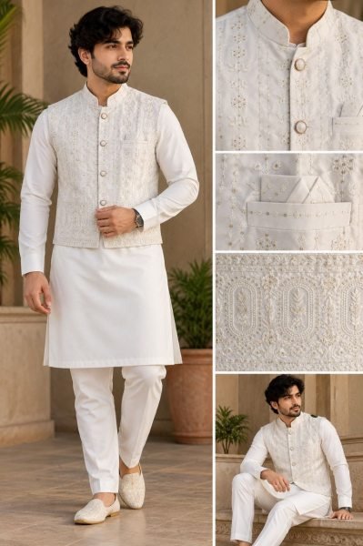 Regal White Malai Satin Kurta Koti Pyjama Set for Men at Wholesale Rate Kurta Pajama Wholesale