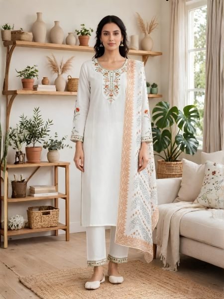 Regal White Rayon Slub Embroidered Top Bottom Set with Chanderi Dupatta at Wholesale Rate Kurtis
