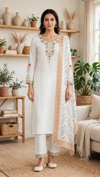 Regal White Rayon Slub Embroidered Top Bottom Set with Chanderi Dupatta at Wholesale Rate Embroidery Kurtis 